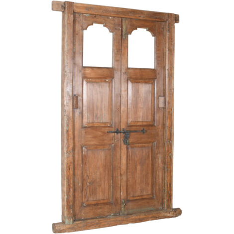 Porta portone in legno massello e ferro da interno o da esterno vecchia e antica medievale con telaio e vetro (1/5)
