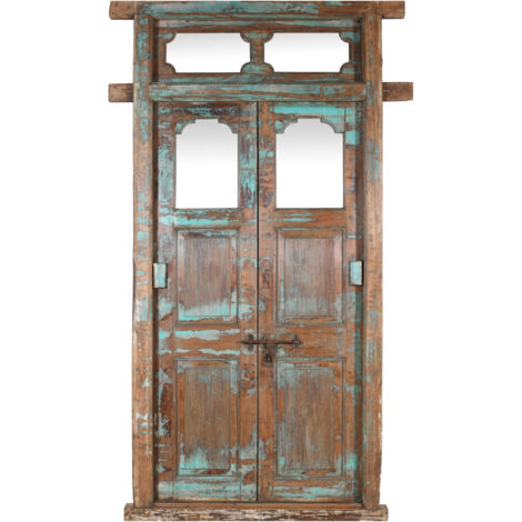 Porta portone in legno massello e ferro da interno o da esterno vecchia e antica medievale con telaio e vetro (1/4)