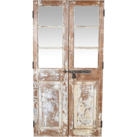 Porta portone in legno massello e ferro da interno o da esterno vecchia e antica medievale con vetro (1/5)