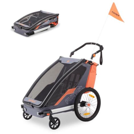 Fuxtec – Remorque vélo pour 2 enfants – Charge max. 45kg – Poussette convertible – Ceintures 5 points – Pliable pour transport facile