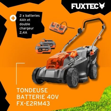 Tondeuse gazon batterie 40V (2X20V) - FUXTEC FX-E2RM43 - largeur 43cm 2 batteries Li-Ion 4Ah, double chargeur 2,4A, bac 40L