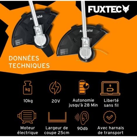 Débroussailleuse sans fil - FUXTEC FX-E2MS – 2 batteries 20V 2Ah et double chargeur 2,4A inclus - Fil et lame - Largeur 25,5 - 35cm