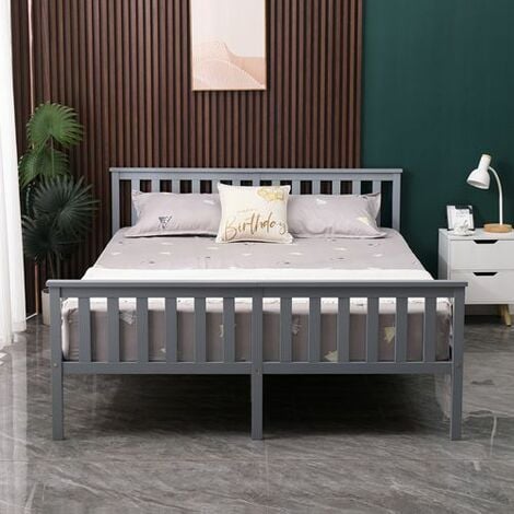 WestWood Double Bed Solid Pine Wood Frame With Footboard Wood Slat Support Bedroom Grey