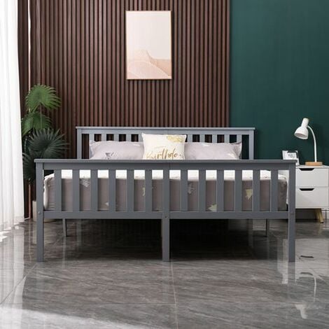 WestWood Double Bed Solid Pine Wood Frame With Footboard Wood Slat Support Bedroom Grey