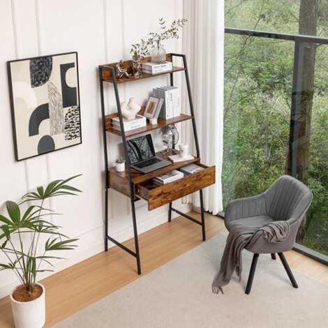 WestWood Wooden Bookcase Ladder Design With Desk 3 Tiers Storage Office Home Decor Brown