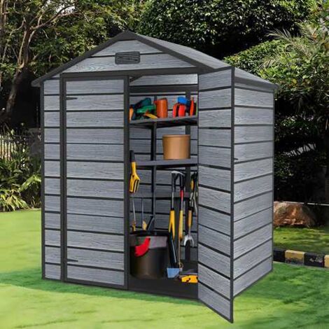 6X4.4FT Plastic Garden Shed Apex with Floor Window Lockable Door Wood Grain Grey