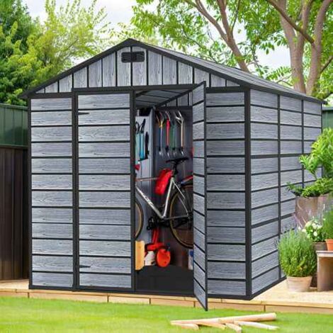 8X6FT Plastic Garden Shed Apex with Floor Window Lockable Door Wood Grain Grey (1/5)