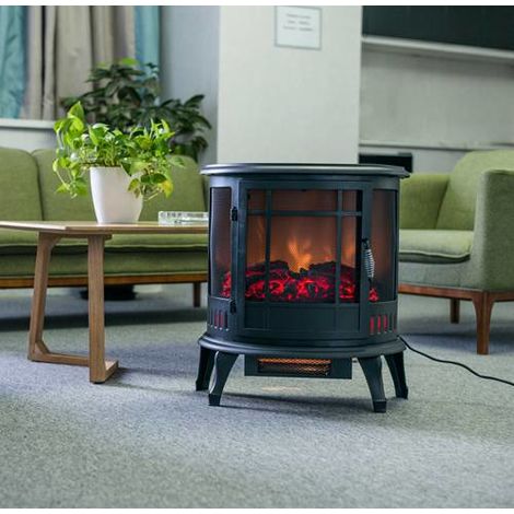 1.8KW Black Portable Free Standing Retro Flame Effect Round Electric Fireplace 