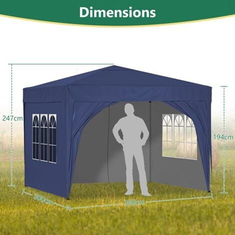 BIRCHTREE Pop Up Gazebo 3X3M with 4 Sides Garden Awning Canopy Party Tent Marquee Outdoor Blue