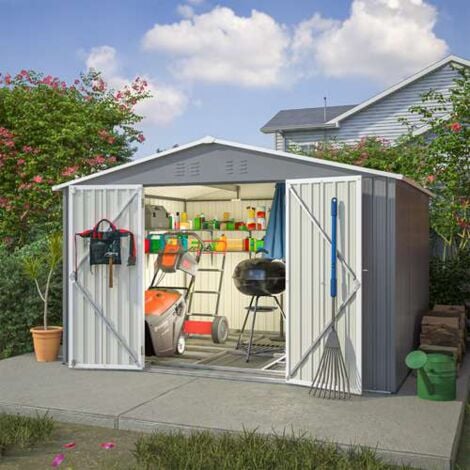 BIRCHTREE Garden Shed Metal Apex Roof 10FT X 8FT Grey and White