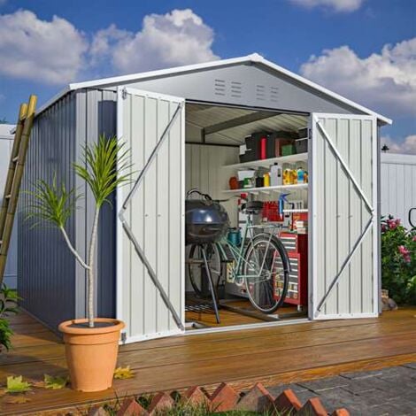 BIRCHTREE Garden Shed Metal Apex Roof 8FT X 6FT Grey White