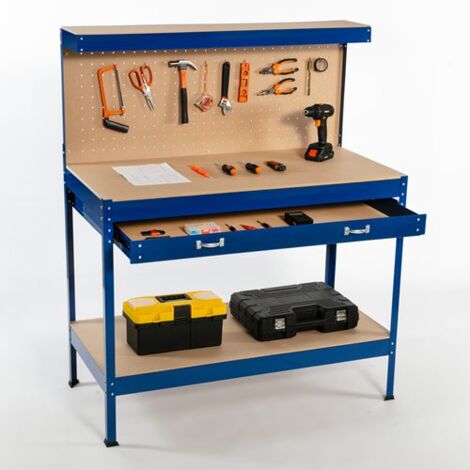 SwitZer Steel Garage Workbench Toolbox Storage With Drawers Pegboard and 20 Pegs Shelf DIY Workshop Station Blue