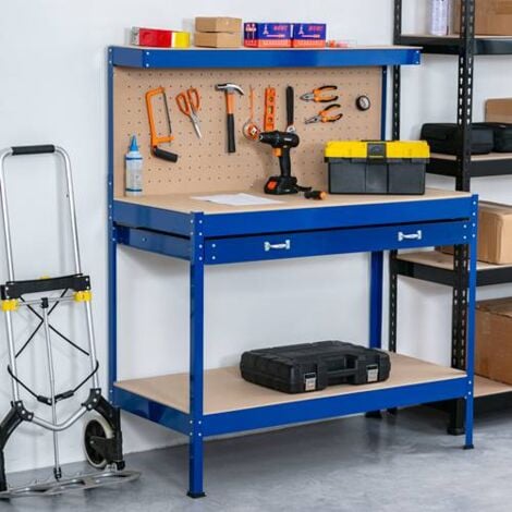 SwitZer Steel Garage Workbench Toolbox Storage With Drawers Pegboard and 20 Pegs Shelf DIY Workshop Station Blue