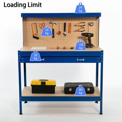 SwitZer Steel Garage Workbench Toolbox Storage With Drawers Pegboard and 20 Pegs Shelf DIY Workshop Station Blue