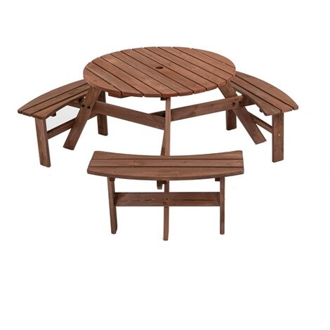BIRCHTREE Garden Picnic Bench Wooden Round Table Patio Set 6 Seat Outdoor Brown