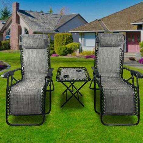 BIRCHTREE Sun Recliner Chairs and Table Set of 3 ZERO GRAVITY Cup Drink Holder Foldable Grey