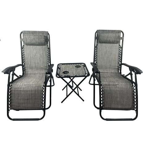BIRCHTREE Sun Recliner Chairs and Table Set of 3 ZERO GRAVITY Cup Drink Holder Foldable Grey