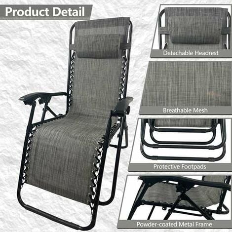 BIRCHTREE Sun Recliner Chairs and Table Set of 3 ZERO GRAVITY Cup Drink Holder Foldable Grey