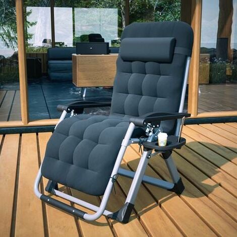 BIRCHTREE Sun Recliner Adjustable Folding Lounge With Thick Cushion Cup Drink Holder Head Rest Patio Deck Chairs Black