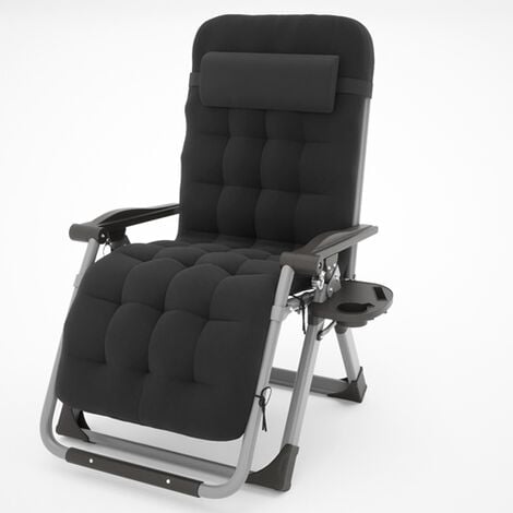 BIRCHTREE Sun Recliner Adjustable Folding Lounge With Thick Cushion Cup Drink Holder Head Rest Patio Deck Chairs Black