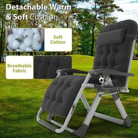 BIRCHTREE Sun Recliner Adjustable Folding Lounge With Thick Cushion Cup Drink Holder Head Rest Patio Deck Chairs Black