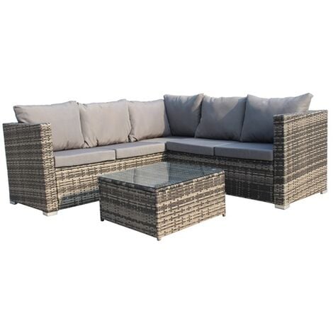 BIRCHTREE Rattan Furniture Set 5 Seater L-Shape Wicker Garden Corner Sofa Glass Dining Table Patio Pillow 3 Pieces RFS08 Grey