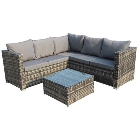 BIRCHTREE Rattan Furniture Set 5 Seater L-Shape Wicker Garden Corner Sofa Glass Dining Table Patio Pillow 3 Pieces RFS08 Grey
