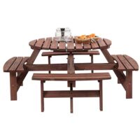 BIRCHTREE Wooden Round Garden Picnic Table Pub Bench Set 8 Seater With Parasol Hole Outdoor