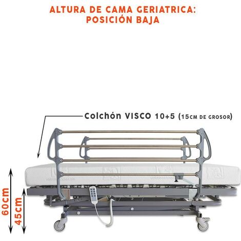 Cama Articulada Geriátrica de Hospital Eléctrica con Carro Elevador,  Colchón Sanitario y Barandilla - 105cm x 190cm