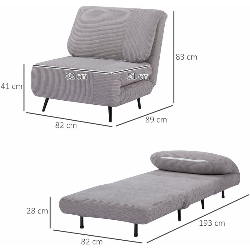 Poltrona Letto Singolo Trasformabile 63x73x81 cm in Tessuto Effetto Velluto  Grigio