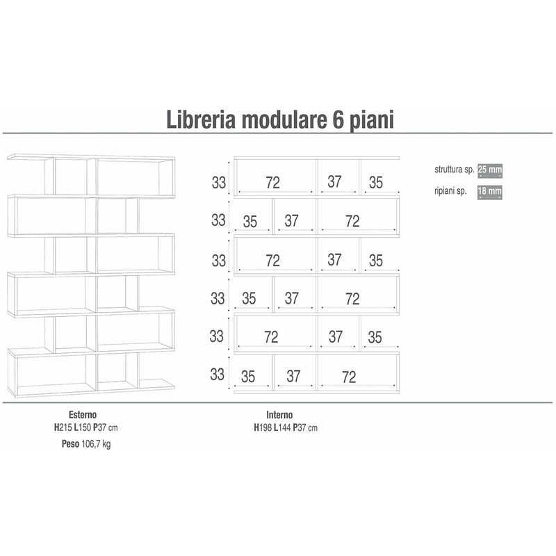 Libreria Modulare 6 Ripiani 150x215x38 cm Cemento/Ossido Bianco