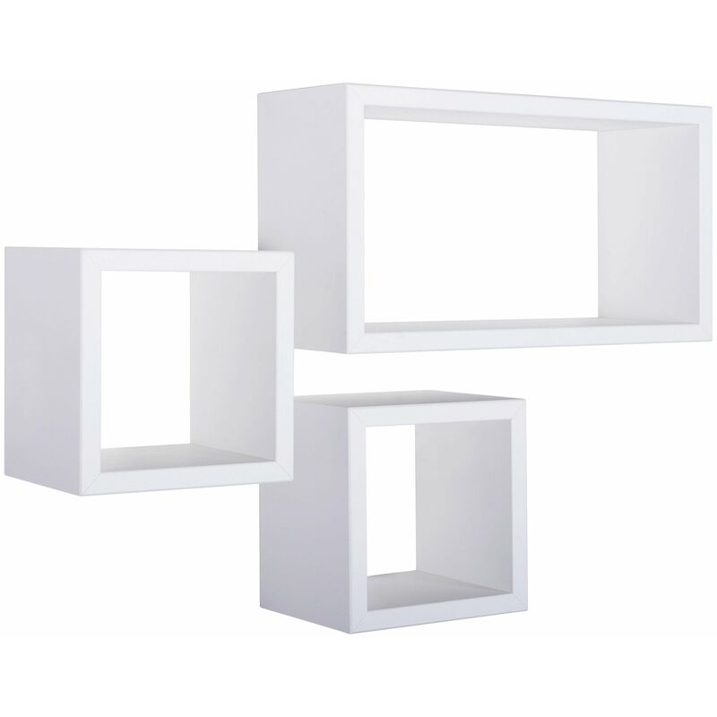 Set 3 Mensole Cubo da Parete Quadrato e Rettangolare in Fibra di Legno  Tribù Bianco