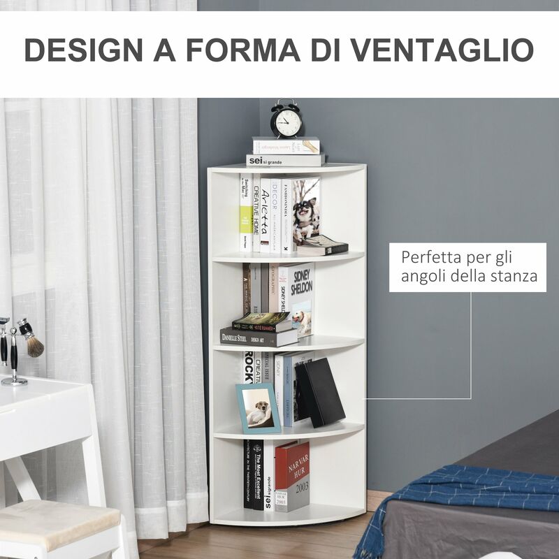 Libreria ad Angolo da Parete e Muro con 4 Ripiani in Legno Bianco  39.5x39.5x120 cm