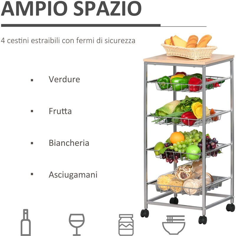 Carrello da Cucina con Cesti Estraibili in Acciaio e Ruote 36.5x36.5x89 cm