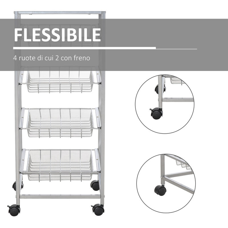 Carrello da Cucina con Cesti Estraibili in Acciaio e Ruote 36.5x36.5x89 cm