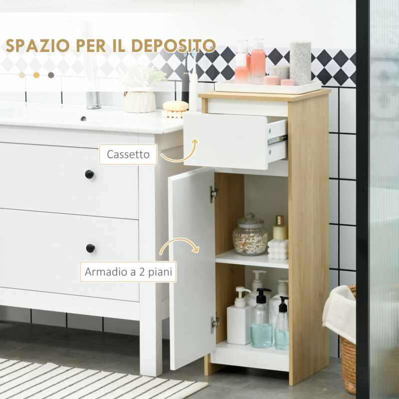 Mobiletto Bagno Salvaspazio HOMCOM - Con Ripiani Aperti E Armadietto, MDF E Bambù, 32x30x90.5cm - Foto 6