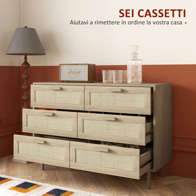 Comò Stile Rustico Sunrise a 8 Cassetti per Camera da Letto, Grande Cassettiera