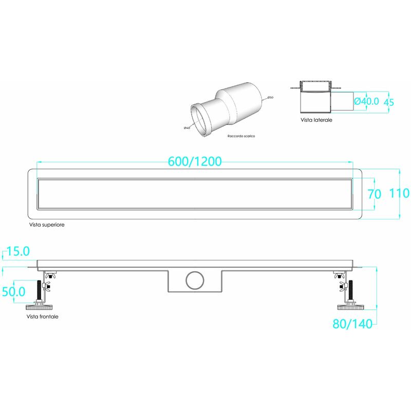 Scarico doccia 70x7 cm. Canaletta di drenaggio a pavimento in acciaio  inossidabile per piastrelle - Cablematic