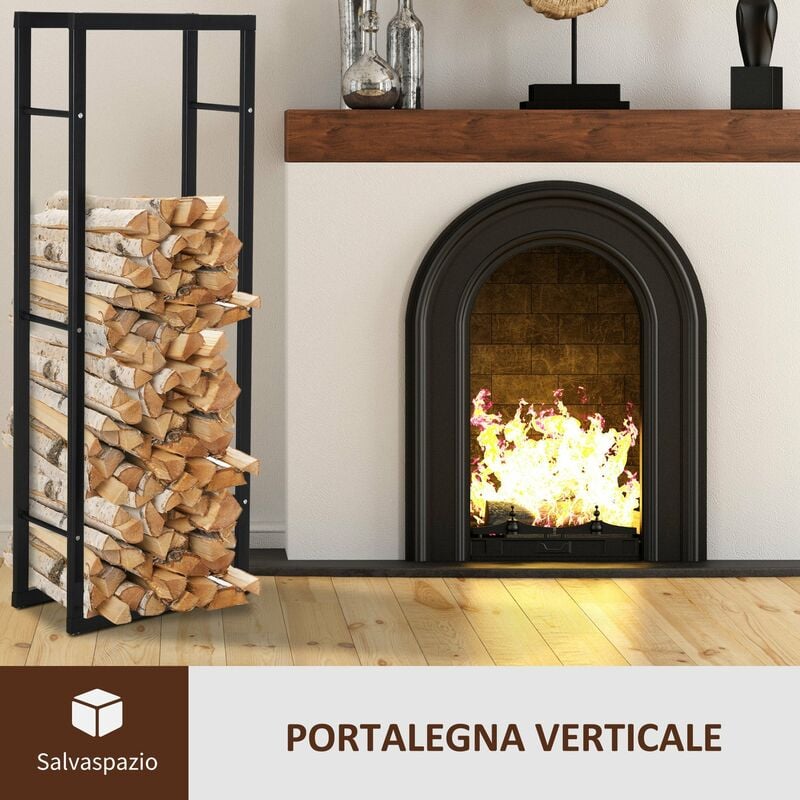 Portalegna Legnaia Verticale in Ferro 40x25x150 cm da Interno Max 100Kg Nero