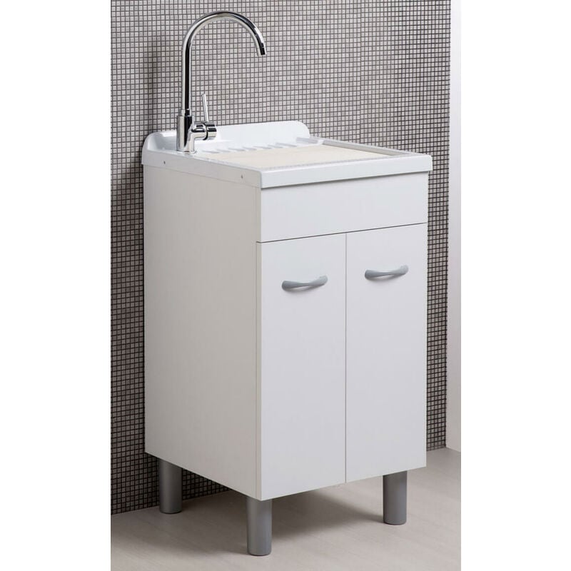 Mobile lavatoio per lavanderia cm.60x60x88, bianco con asse di