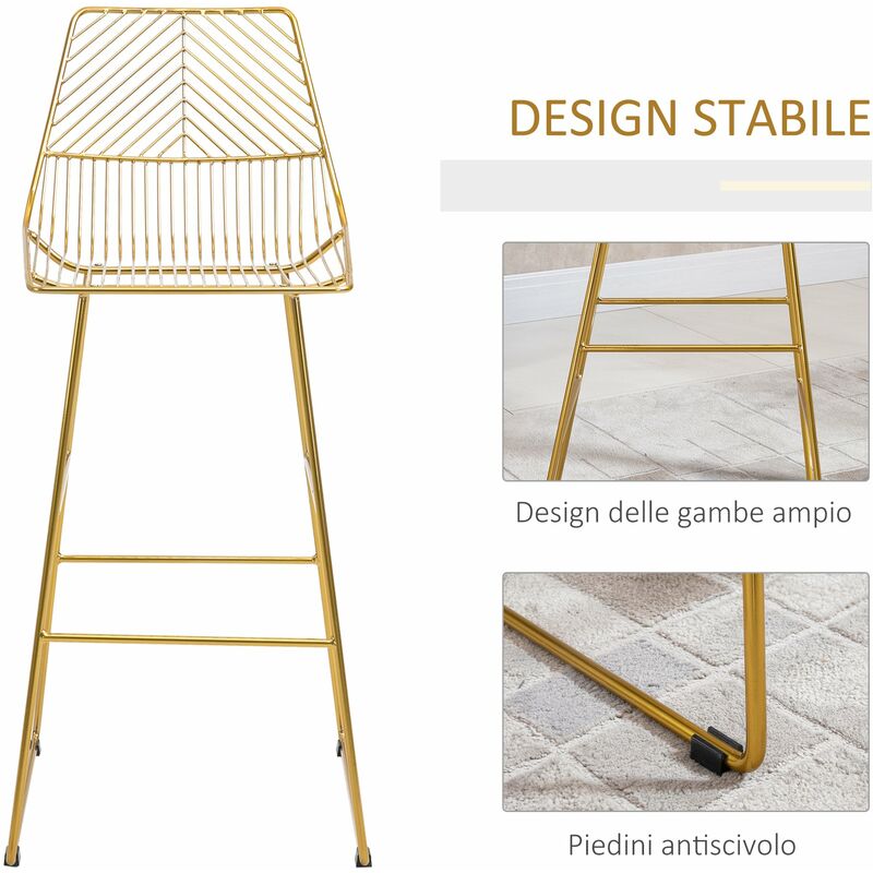 Set 2 Sgabelli Alti da Bar 53x56x110 cm in Metallo Oro