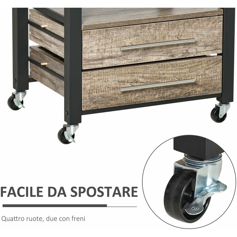 EASYCOMFORT Carrello da Cucina Multiuso in Legno con 2 Cassetti, 3 Antine e  4 Ruote 121x46x91cm, Grigio