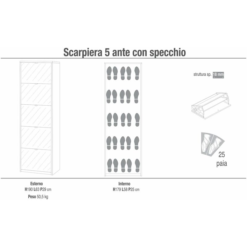 Scarpiera 5 Ante con Specchio 63x190x29 cm Olmo Chiaro