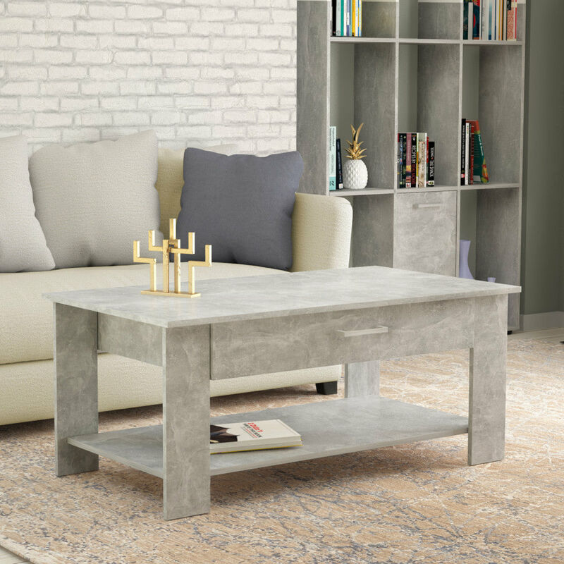 EXCEFUR Tavolino Da Salotto In Stile Vintage-Industriale – Piano Grigio Con Telaio In Metallo Nero – 2 Livelli