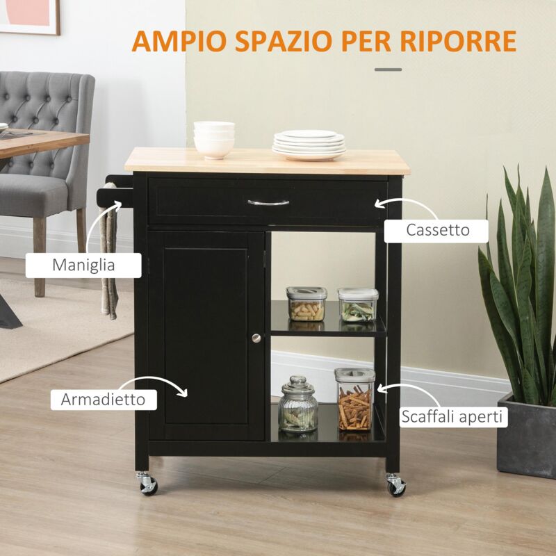 Carrello da cucina con armadietto e 2 cassetti in legno nero Homcom | Maisons du Monde
