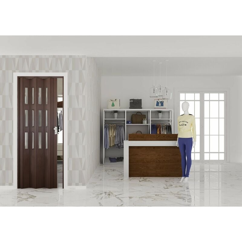 Porta a Soffietto da Interno 88,5x214 cm in PVC con Vetro Florance Noce  Mansonia