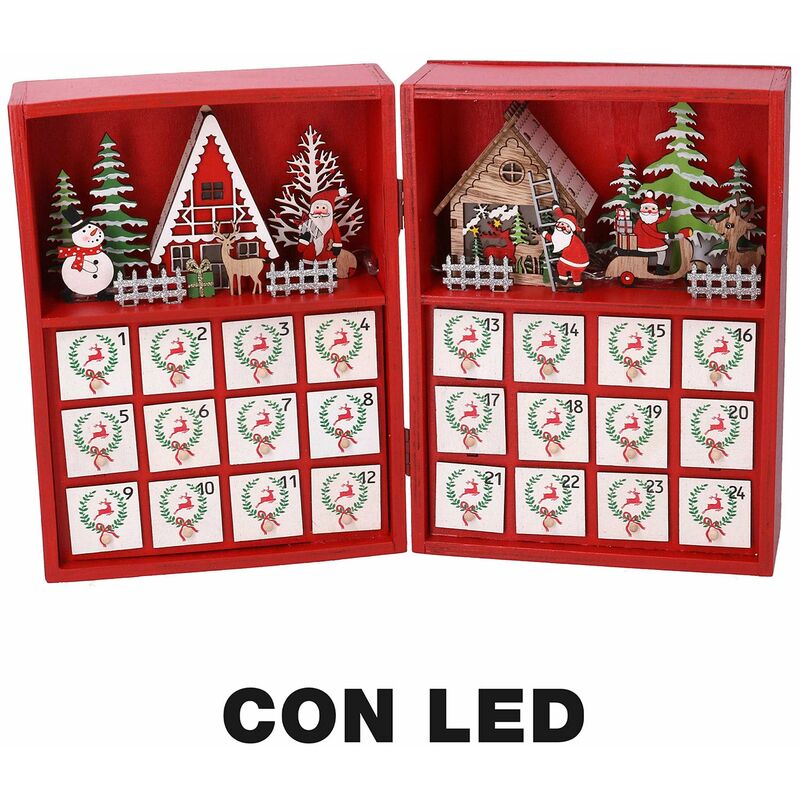 Calendario Dell'Avvento In Legno A Forma Di Treno – 24 Cassetti Per Il Conto Alla Rovescia Di Natale, Decorazione Da Tavolo Rosso E Naturale