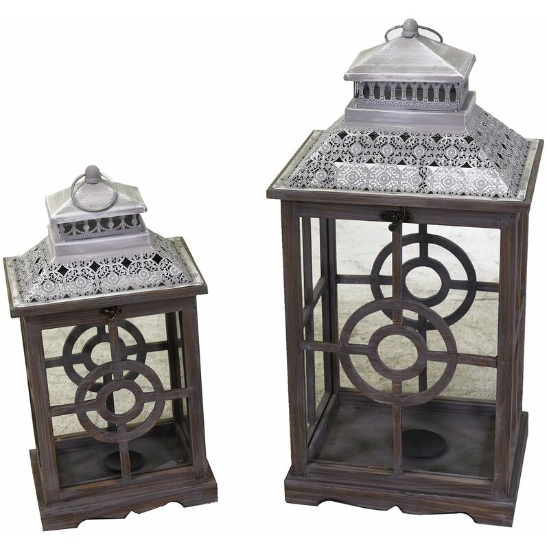 Set lanterne in legno con tetto in metallo S/2 – Stile Nordico
