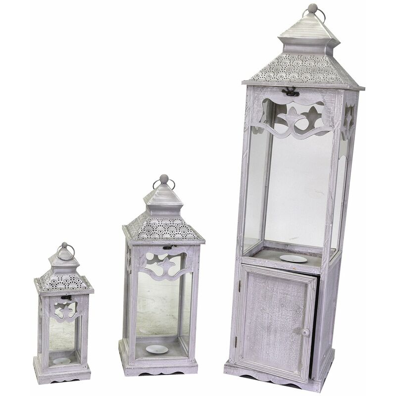 Glitzhome 2 Lanterne Decorative In Legno E Metallo, Stile Fattoria, Da Tavolo, Senza Vetro, Nere