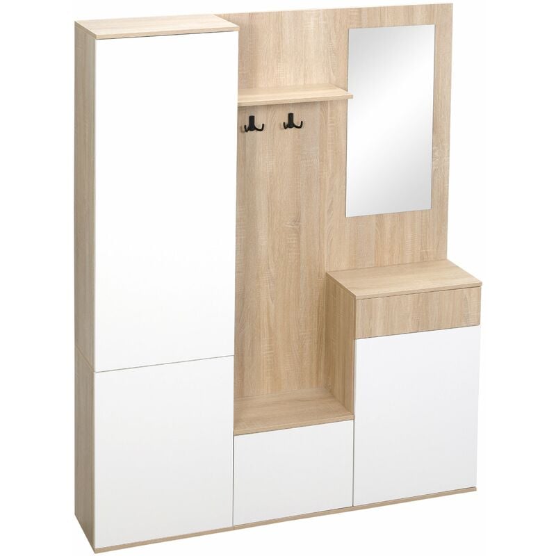 Mobile da Ingresso 4 in 1 con Specchio 145x29x184 cm in Truciolato Bianco e  Legno Naturale